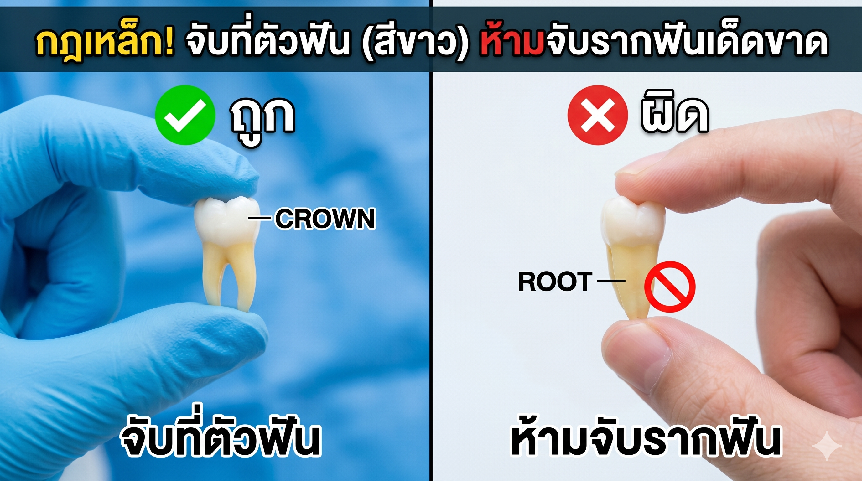 จับที่ตัวฟัน ห้ามจับรากฟัน